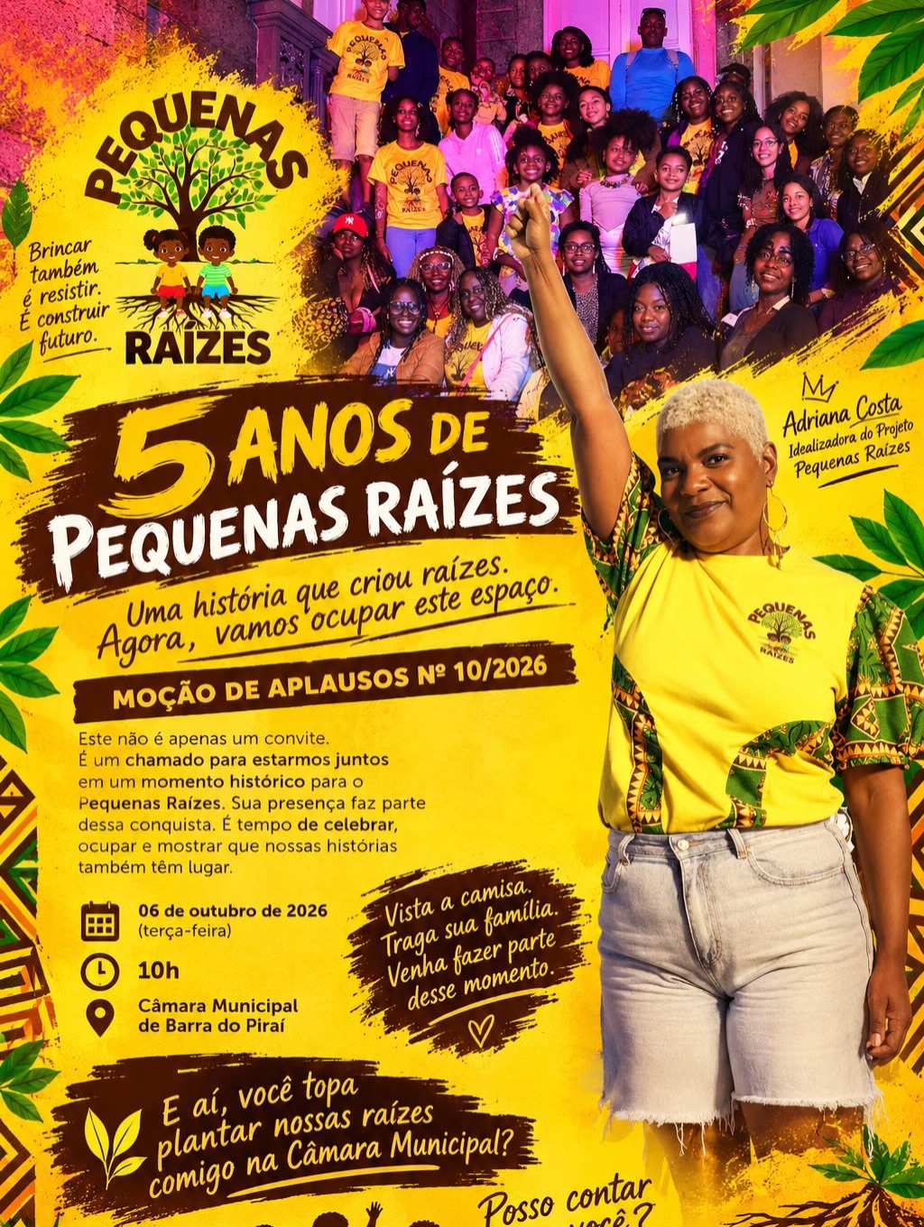 Cartaz do projeto com Adriana Costa e anúncio da Moção de Aplausos nº 10/2026